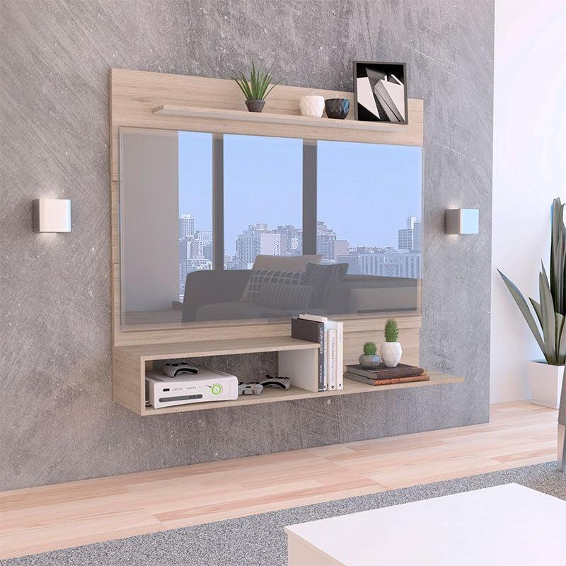PANEL DE TV ASCHER, BEIGE Y BLANCO, CON ESPACIO PARA TELEVISOR DE HASTA 55 PULGADAS