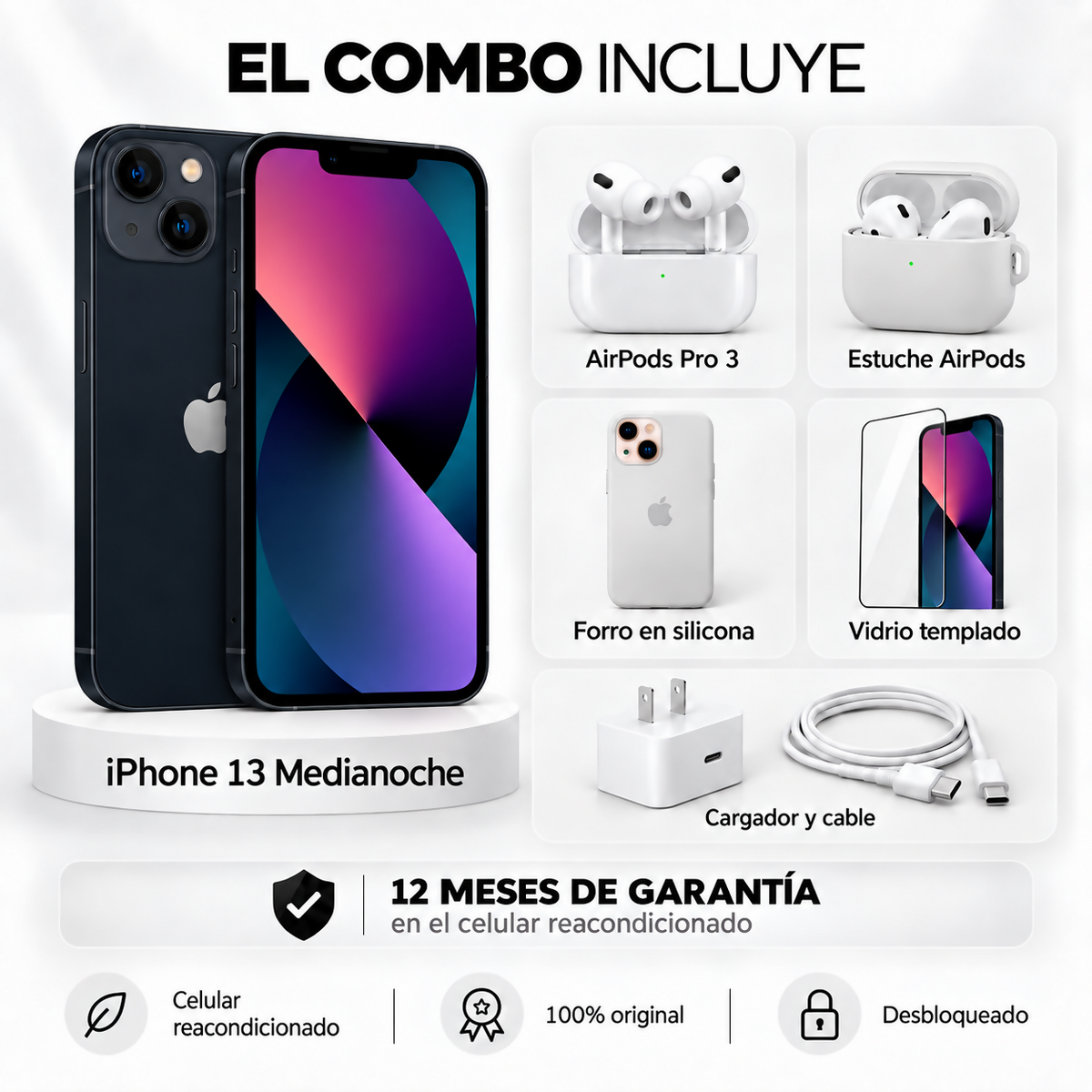 Celular Reacondicionado iPhone 13 128Gb Apple + Auriculares inalámbricos + Estuche + Forro Space + Vidrio Templado + Cargador y Cable