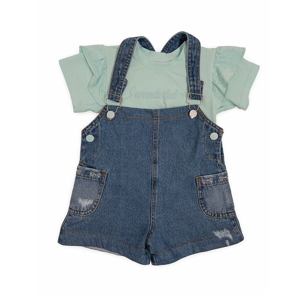 62013 CONJUNTO NIÑA BEBÉ - OVEROL DENIM CORTO Y CAMISETA VOLANTES
