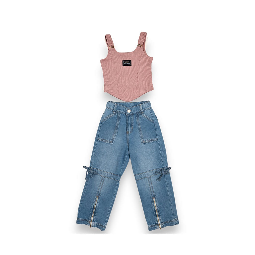 32994 CONJUNTO LIRA NIÑA JUNIOR - JEAN DENIM Y BLUSA RIB CON HERRAJE